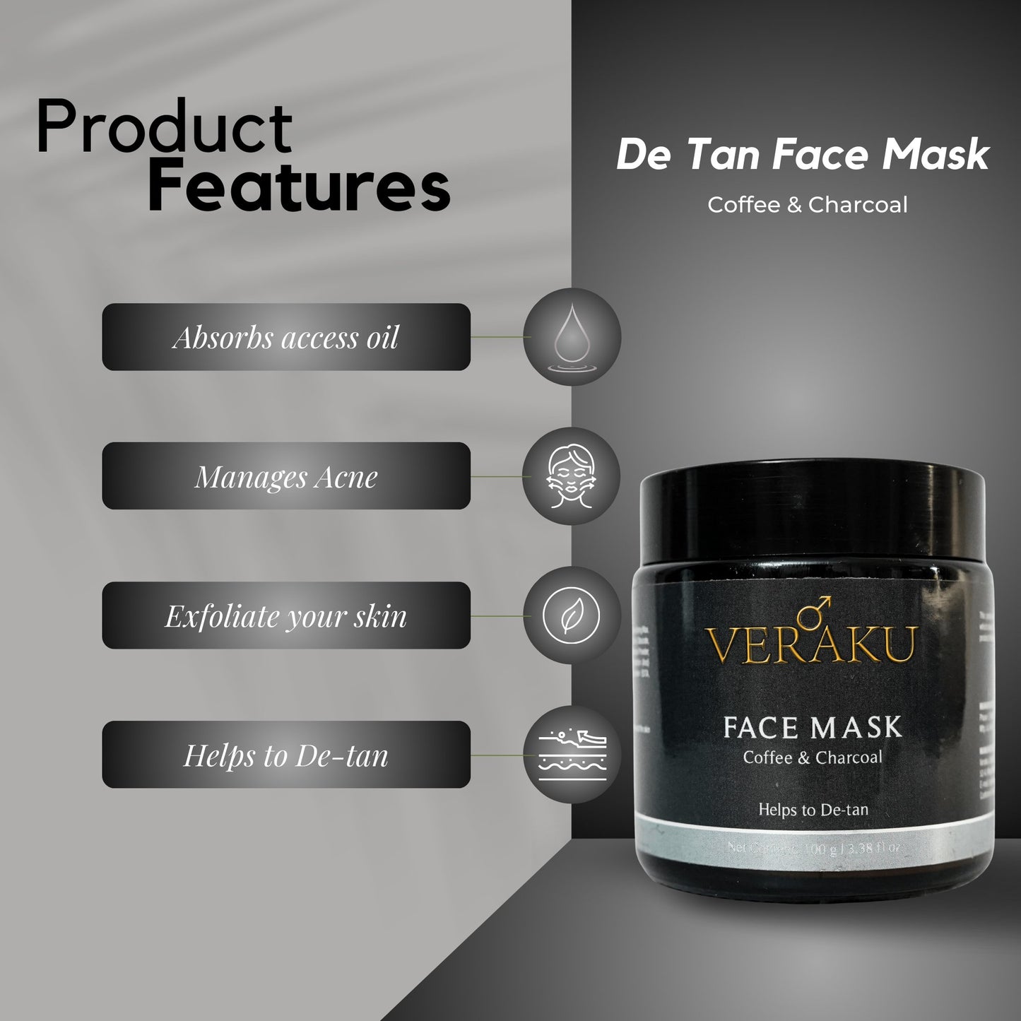 Charcoal Face Mask | Tan Removal & Skin Brightening | with Wooden Spatula | 100 GM - Veraku