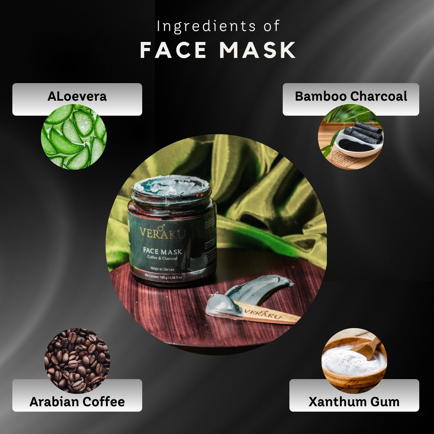 Charcoal Face Mask | Tan Removal & Skin Brightening | with Wooden Spatula | 100 GM - Veraku