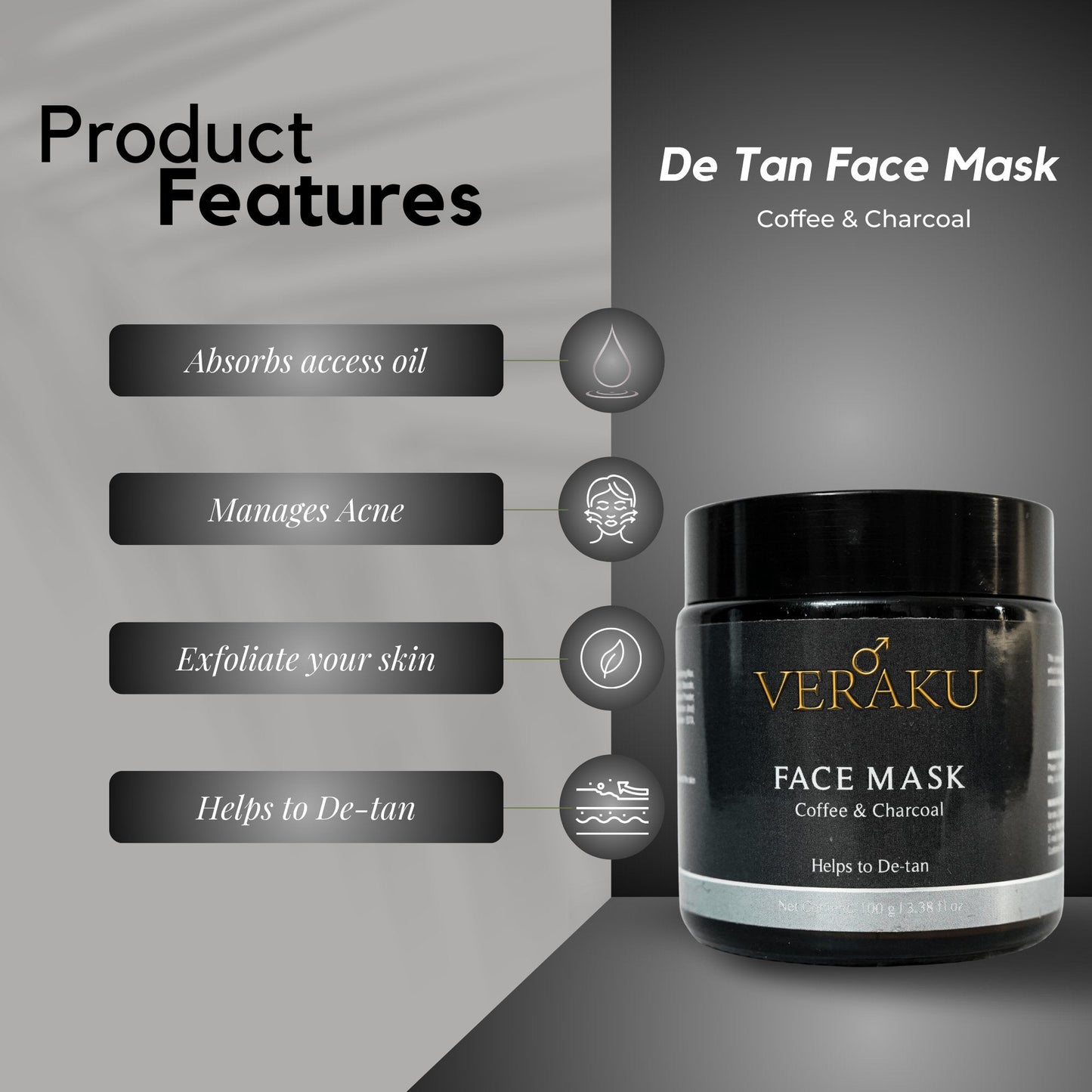 Coffee & Charcoal Face Mask | Lip Balm | Beard Comb | COMBO PACK | For Men - Veraku