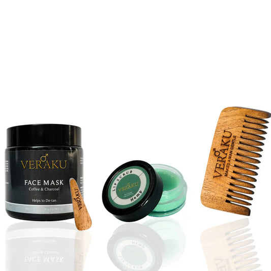 Coffee & Charcoal Face Mask | Lip Scrub | Beard Comb | COMBO PACK | For Men - Veraku