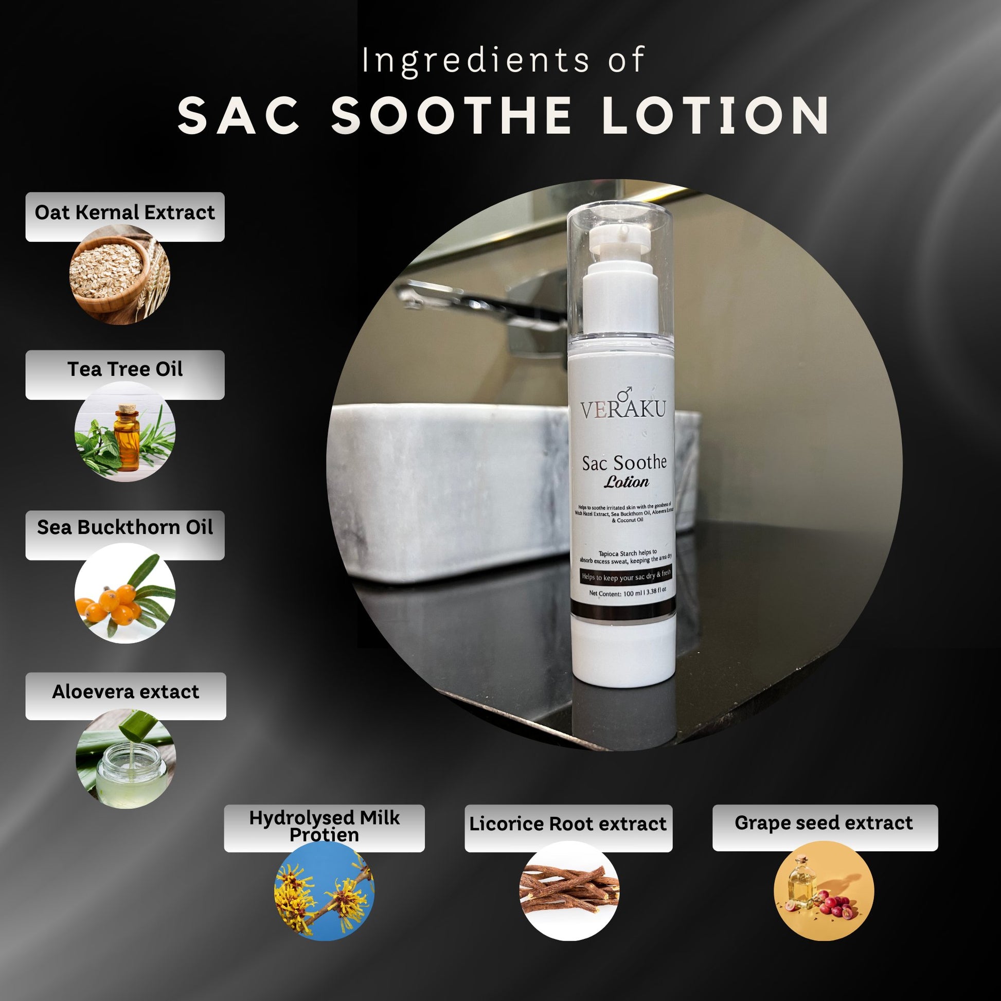 Sac Soothe Lotion | For Fresh & Dry Sac | Sweat & Odour Control | Talc free (100ml) - Veraku